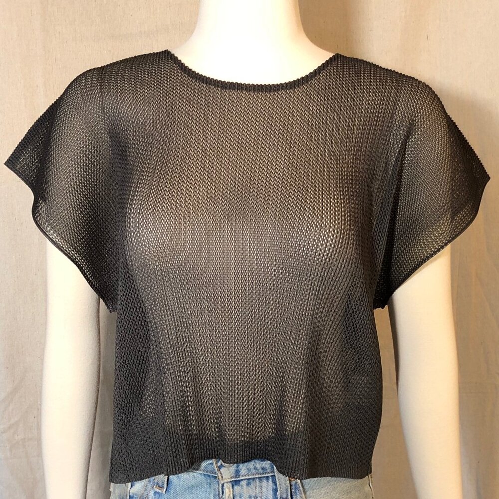 Pleats Please Issey Miyake Charcoal Gray Mesh Short Sleeved Top O/S